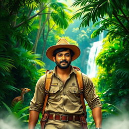 A thrilling scene featuring Mahesh Babu as an adventurous character in a lush jungle setting