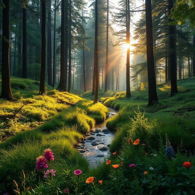 A stunning high-resolution photograph of a lush green forest landscape during golden hour, where soft sunlight filters through the tall trees, casting gentle shadows on the vibrant underbrush