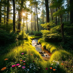 A stunning high-resolution photograph of a lush green forest landscape during golden hour, where soft sunlight filters through the tall trees, casting gentle shadows on the vibrant underbrush