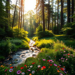 A stunning high-resolution photograph of a lush green forest landscape during golden hour, where soft sunlight filters through the tall trees, casting gentle shadows on the vibrant underbrush