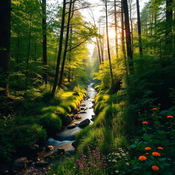 A stunning high-resolution photograph of a lush green forest landscape during golden hour, where soft sunlight filters through the tall trees, casting gentle shadows on the vibrant underbrush