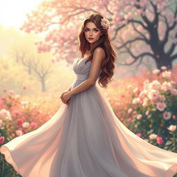 A stylized art piece featuring a beautiful and confident young woman dressed in a flowing, ethereal gown that gracefully flares from her waist