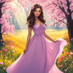A stylized art piece featuring a beautiful and confident young woman dressed in a flowing, ethereal gown that gracefully flares from her waist