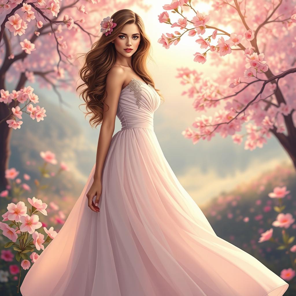 A stylized art piece featuring a beautiful and confident young woman dressed in a flowing, ethereal gown that gracefully flares from her waist