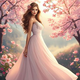 A stylized art piece featuring a beautiful and confident young woman dressed in a flowing, ethereal gown that gracefully flares from her waist