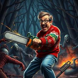 A humorous, action-packed scene featuring Clark Griswold, the iconic character from 'National Lampoon's Vacation', fighting against monstrous beings reminiscent of the Evil Dead franchise