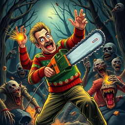 A humorous, action-packed scene featuring Clark Griswold, the iconic character from 'National Lampoon's Vacation', fighting against monstrous beings reminiscent of the Evil Dead franchise