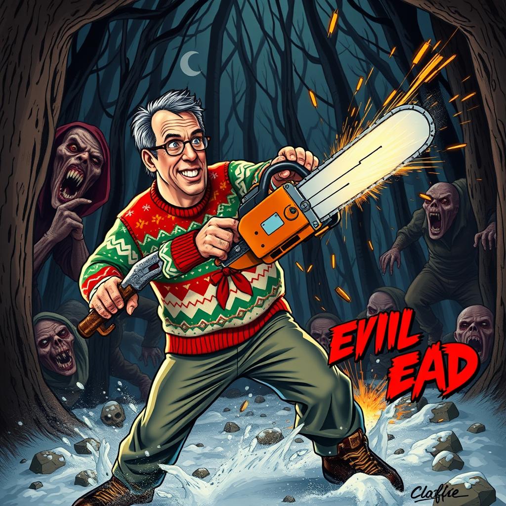 A humorous, action-packed scene featuring Clark Griswold, the iconic character from 'National Lampoon's Vacation', fighting against monstrous beings reminiscent of the Evil Dead franchise