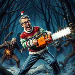 A humorous, action-packed scene featuring Clark Griswold, the iconic character from 'National Lampoon's Vacation', fighting against monstrous beings reminiscent of the Evil Dead franchise