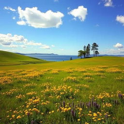 A vast, picturesque landscape featuring rolling hills covered in vibrant green grass, dotted with wildflowers in shades of yellow and purple