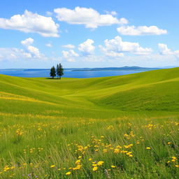 A vast, picturesque landscape featuring rolling hills covered in vibrant green grass, dotted with wildflowers in shades of yellow and purple