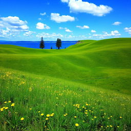 A vast, picturesque landscape featuring rolling hills covered in vibrant green grass, dotted with wildflowers in shades of yellow and purple