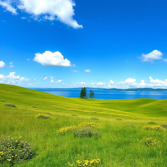 A vast, picturesque landscape featuring rolling hills covered in vibrant green grass, dotted with wildflowers in shades of yellow and purple