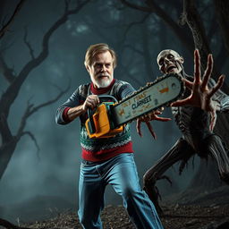 An intense scene featuring Clark Griswold, a middle-aged man with a disheveled appearance, wielding a chainsaw as he battles a menacing undead creature from the Evil Dead series