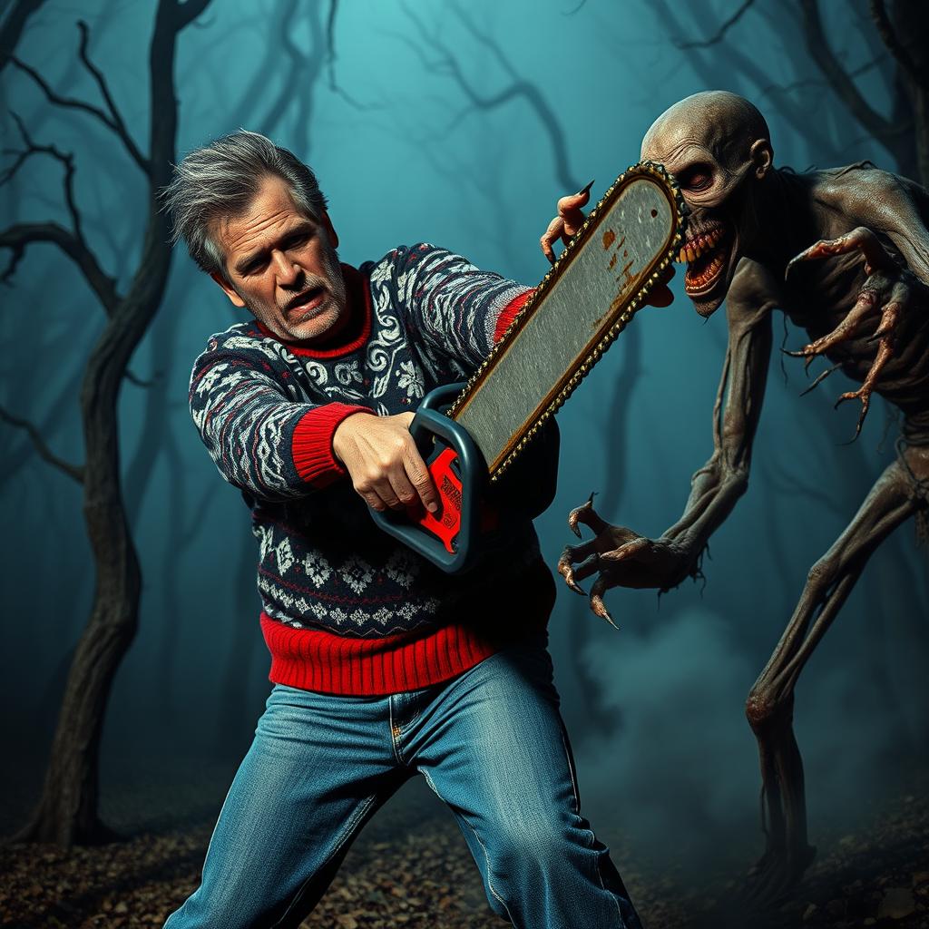 An intense scene featuring Clark Griswold, a middle-aged man with a disheveled appearance, wielding a chainsaw as he battles a menacing undead creature from the Evil Dead series