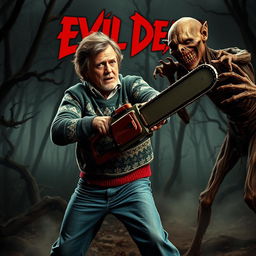 An intense scene featuring Clark Griswold, a middle-aged man with a disheveled appearance, wielding a chainsaw as he battles a menacing undead creature from the Evil Dead series