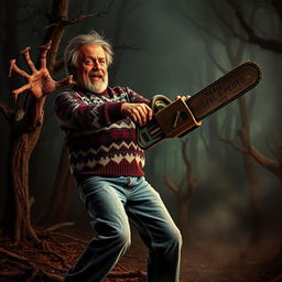 An intense scene featuring Clark Griswold, a middle-aged man with a disheveled appearance, wielding a chainsaw as he battles a menacing undead creature from the Evil Dead series