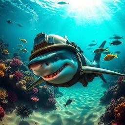 A fierce soldier shark, equipped with a military helmet and tactical gear, swimming through vibrant underwater scenery