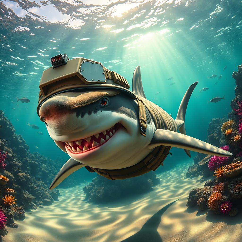 A fierce soldier shark, equipped with a military helmet and tactical gear, swimming through vibrant underwater scenery