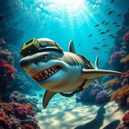 A fierce soldier shark, equipped with a military helmet and tactical gear, swimming through vibrant underwater scenery