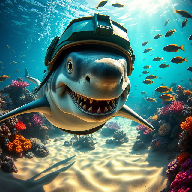 A fierce soldier shark, equipped with a military helmet and tactical gear, swimming through vibrant underwater scenery