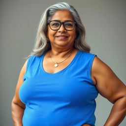 A confident and beautiful dusky Indian woman, aged 60, with long grey hair cascading elegantly