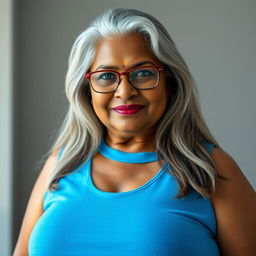A confident and beautiful dusky Indian woman, aged 60, with long grey hair cascading elegantly