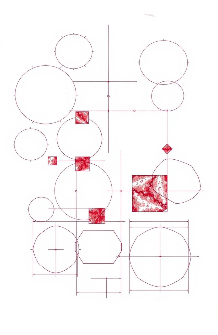 A detailed engineering drawing featuring a variety of geometric shapes in white and maroon colors