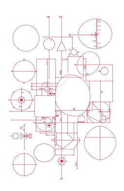 A detailed engineering drawing featuring a variety of geometric shapes in white and maroon colors