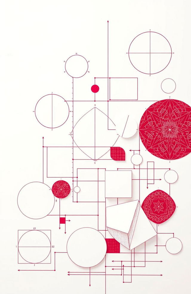 A detailed engineering drawing featuring a variety of geometric shapes in white and maroon colors