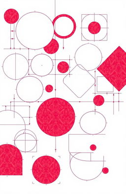 A detailed engineering drawing featuring a variety of geometric shapes in white and maroon colors