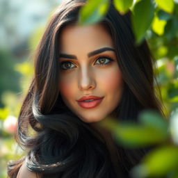 A beautiful woman with long, thick, wavy black hair cascading down to her shoulders