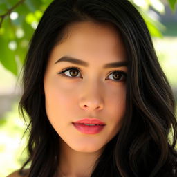 A beautiful woman with long, thick, wavy black hair cascading down to her shoulders