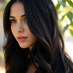 A beautiful woman with long, thick, wavy black hair cascading down to her shoulders