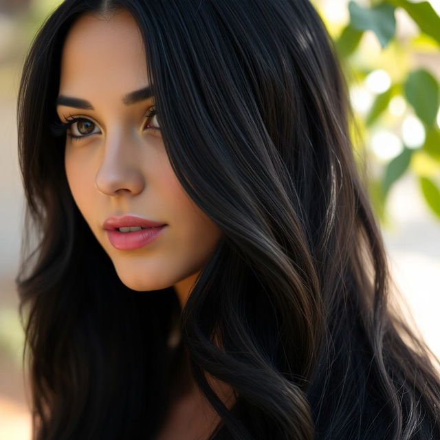 A beautiful woman with long, thick, wavy black hair cascading down to her shoulders
