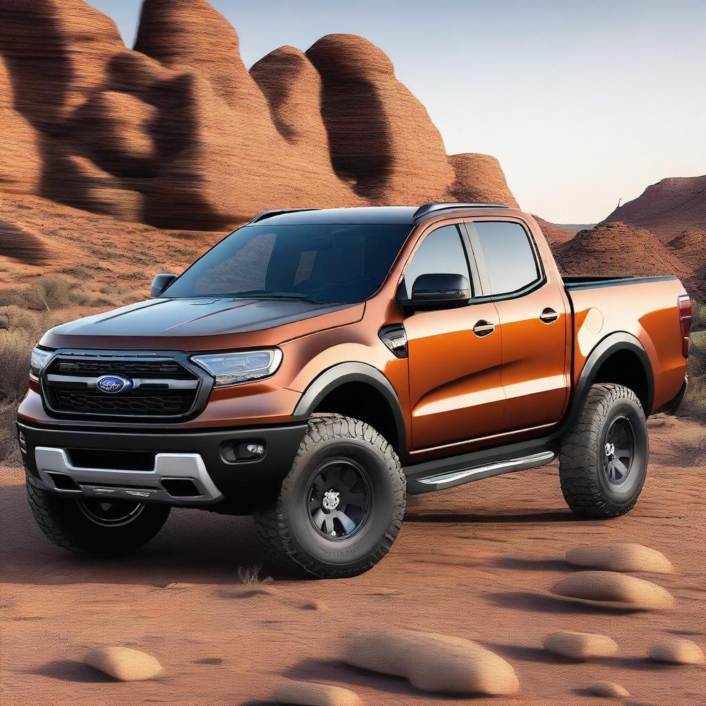 A high-quality digital art image showcasing a unique fusion of a Ford Maverick truck and a Ford Ranger