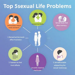 An infographic illustrating the top 5 sexual life problems commonly faced by couples and individuals, including: 1) Lacking communication about sexual needs and desires, 2) Mismatched libido levels leading to frustration, 3) Trust issues that affect intimacy, 4) Sexual dysfunctions such as erectile dysfunction or low sexual desire, and 5) Emotional disconnection impacting the sexual relationship