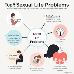 An infographic illustrating the top 5 sexual life problems commonly faced by couples and individuals, including: 1) Lacking communication about sexual needs and desires, 2) Mismatched libido levels leading to frustration, 3) Trust issues that affect intimacy, 4) Sexual dysfunctions such as erectile dysfunction or low sexual desire, and 5) Emotional disconnection impacting the sexual relationship