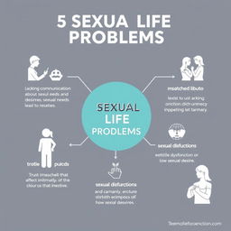 An infographic illustrating the top 5 sexual life problems commonly faced by couples and individuals, including: 1) Lacking communication about sexual needs and desires, 2) Mismatched libido levels leading to frustration, 3) Trust issues that affect intimacy, 4) Sexual dysfunctions such as erectile dysfunction or low sexual desire, and 5) Emotional disconnection impacting the sexual relationship