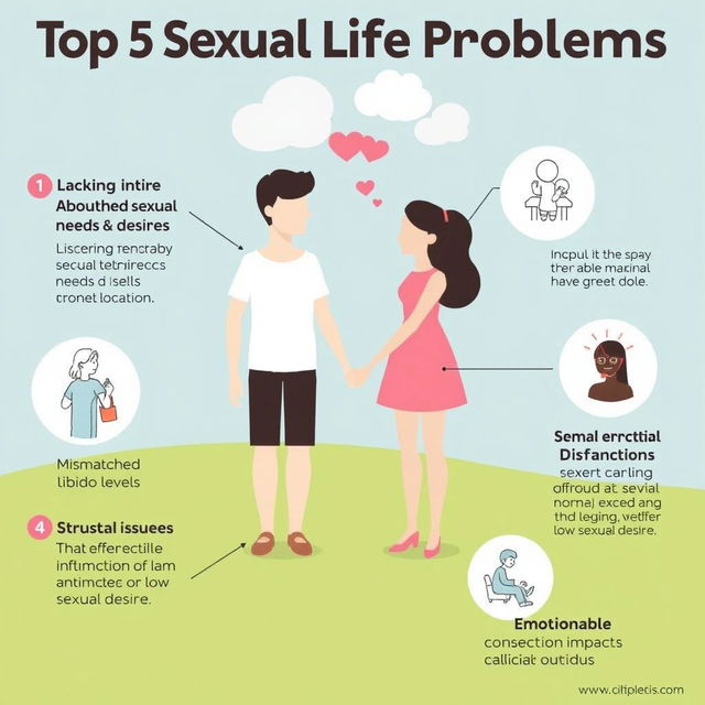 An infographic illustrating the top 5 sexual life problems commonly faced by couples and individuals, including: 1) Lacking communication about sexual needs and desires, 2) Mismatched libido levels leading to frustration, 3) Trust issues that affect intimacy, 4) Sexual dysfunctions such as erectile dysfunction or low sexual desire, and 5) Emotional disconnection impacting the sexual relationship