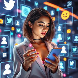 A futuristic scene featuring a modern woman immersed in new media, surrounded by multiple social media interfaces interacting with high-tech elements of the internet