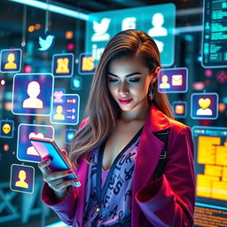 A futuristic scene featuring a modern woman immersed in new media, surrounded by multiple social media interfaces interacting with high-tech elements of the internet