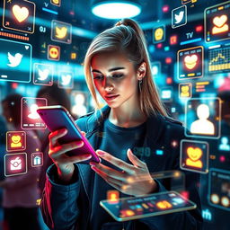 A futuristic scene featuring a modern woman immersed in new media, surrounded by multiple social media interfaces interacting with high-tech elements of the internet