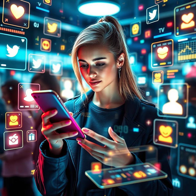 A futuristic scene featuring a modern woman immersed in new media, surrounded by multiple social media interfaces interacting with high-tech elements of the internet