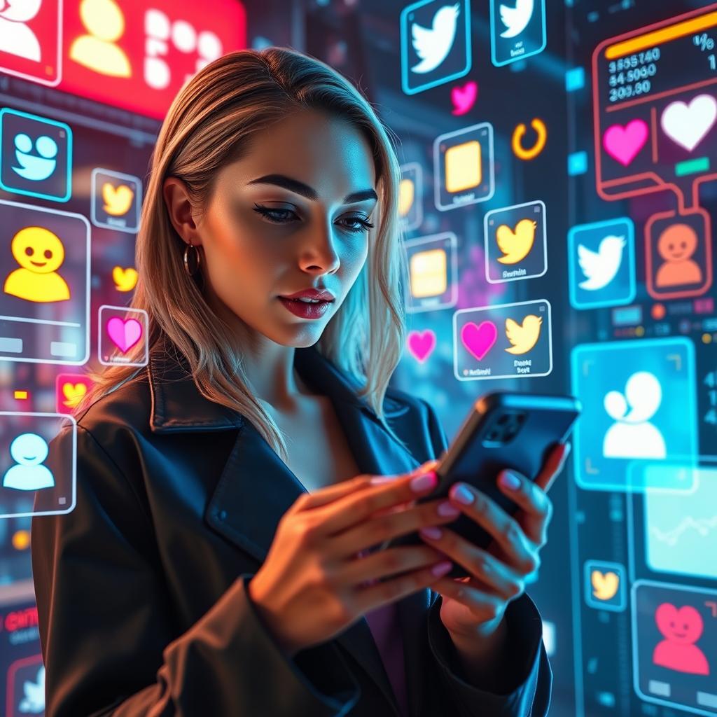 A futuristic scene featuring a modern woman immersed in new media, surrounded by multiple social media interfaces interacting with high-tech elements of the internet