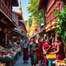 A vibrant street scene in Myanmar, showcasing traditional architecture with intricate wooden carvings, colorful market stalls filled with fresh produce and handmade crafts