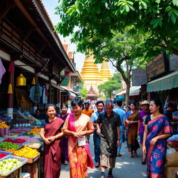 A vibrant street scene in Myanmar, showcasing traditional architecture with intricate wooden carvings, colorful market stalls filled with fresh produce and handmade crafts