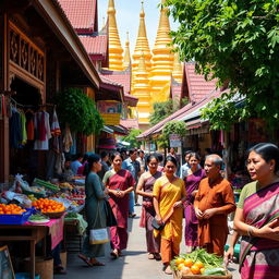A vibrant street scene in Myanmar, showcasing traditional architecture with intricate wooden carvings, colorful market stalls filled with fresh produce and handmade crafts