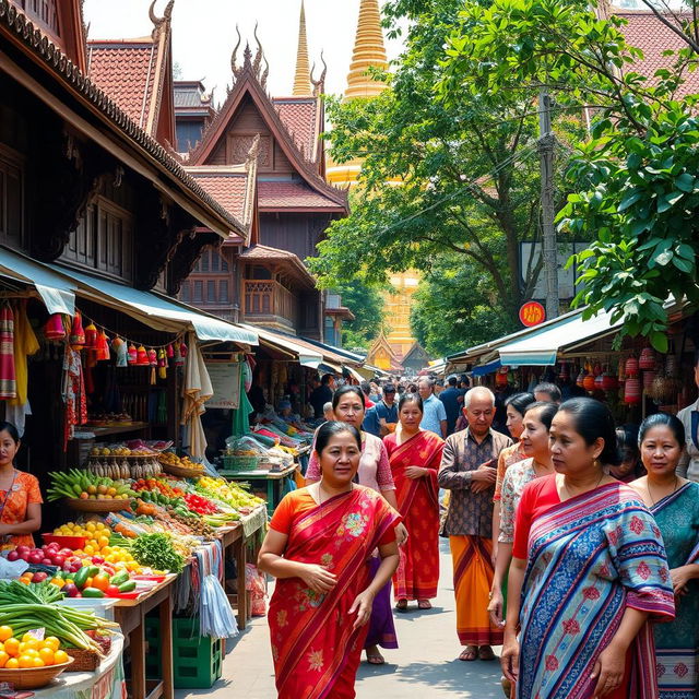 A vibrant street scene in Myanmar, showcasing traditional architecture with intricate wooden carvings, colorful market stalls filled with fresh produce and handmade crafts