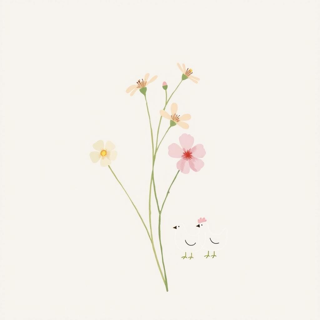 A minimalistic painting featuring a few delicate flowers in soft pastel colors, intertwined with a couple of small, stylized chickens